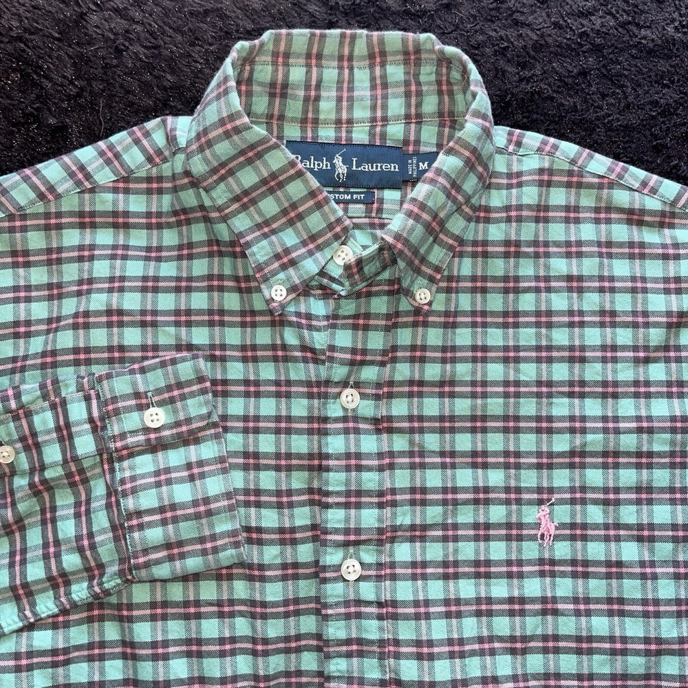 Ralph Lauren Shirt Men Size Medium Pink Green Check‎ Button Long Sleeve Cotton